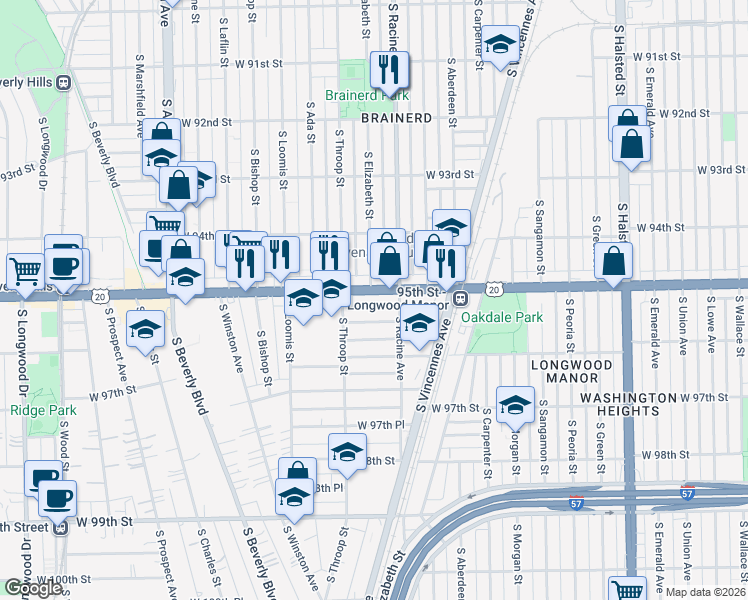 map of restaurants, bars, coffee shops, grocery stores, and more near 1221 West 95th Street in Chicago