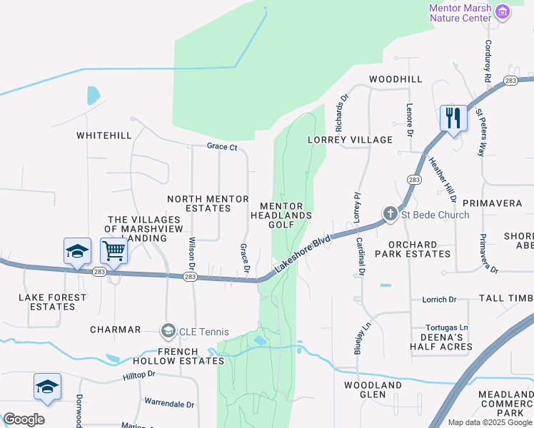 map of restaurants, bars, coffee shops, grocery stores, and more near 5510 Links Road in Mentor