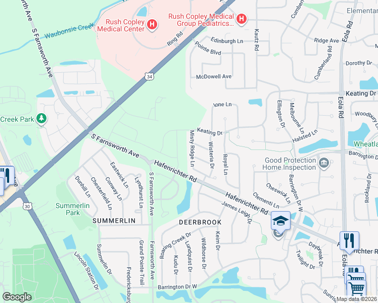 map of restaurants, bars, coffee shops, grocery stores, and more near 1889 Misty Ridge Lane in Aurora