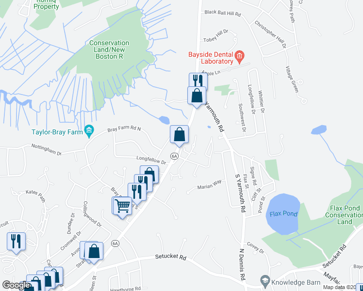 map of restaurants, bars, coffee shops, grocery stores, and more near 120 Main Street in Dennis