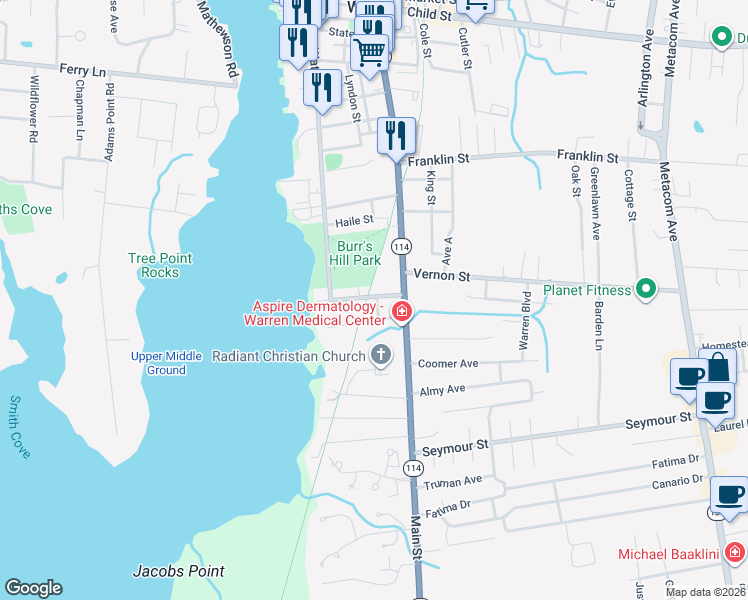 map of restaurants, bars, coffee shops, grocery stores, and more near 31 Bridge Street in Warren