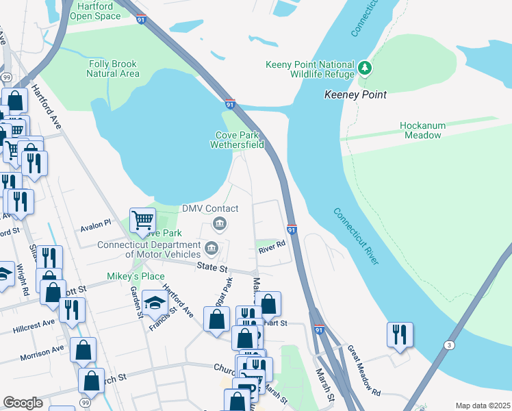 map of restaurants, bars, coffee shops, grocery stores, and more near 476 Main Street in Wethersfield