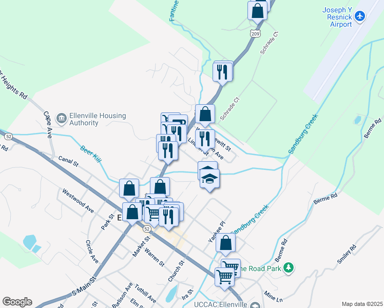 map of restaurants, bars, coffee shops, grocery stores, and more near 12 Backman Avenue in Ellenville