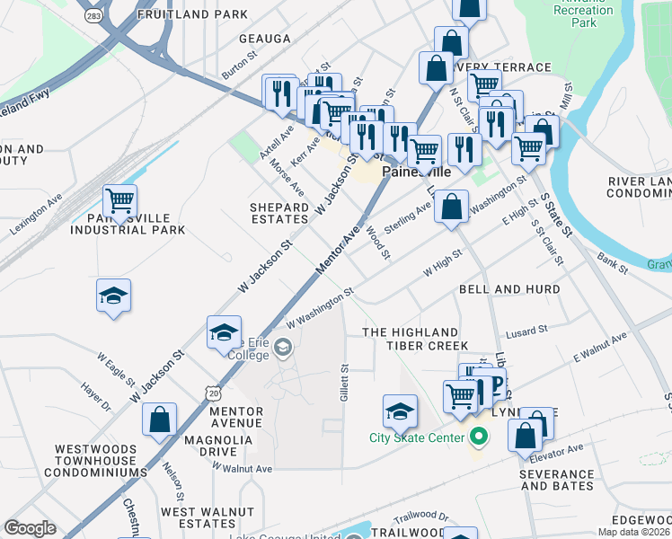 map of restaurants, bars, coffee shops, grocery stores, and more near 38 Paige Place in Painesville