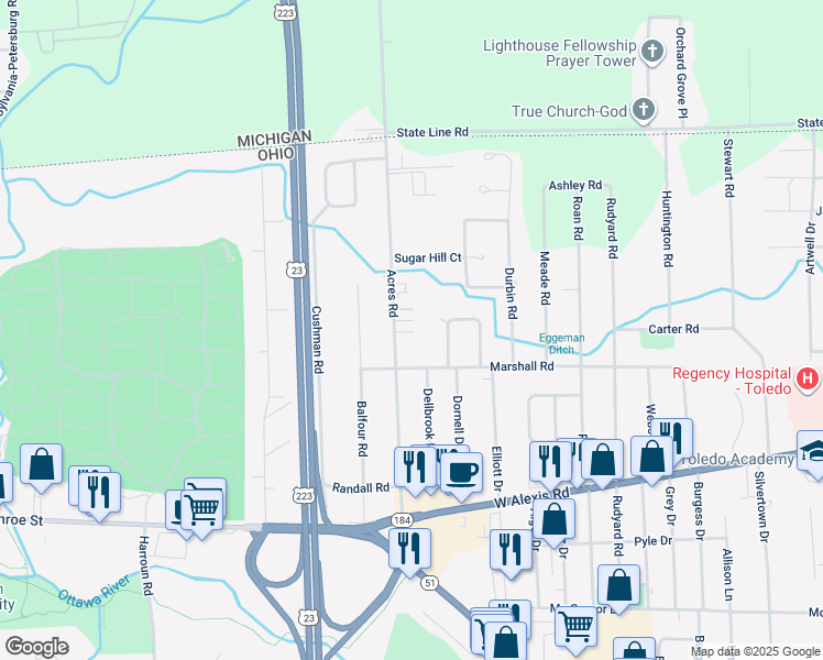 map of restaurants, bars, coffee shops, grocery stores, and more near 5835 Acres Road in Sylvania