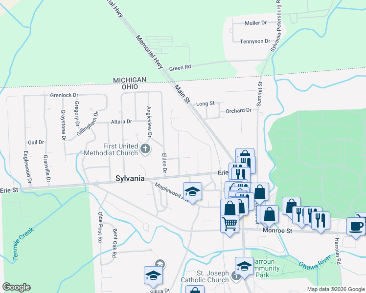 map of restaurants, bars, coffee shops, grocery stores, and more near 5867 Garden Park Drive in Sylvania