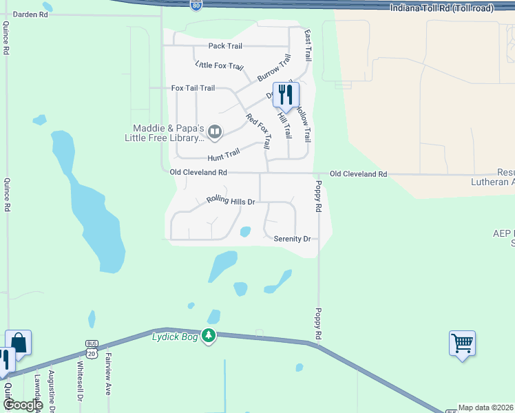 map of restaurants, bars, coffee shops, grocery stores, and more near 53117 Turning Leaf Drive in South Bend