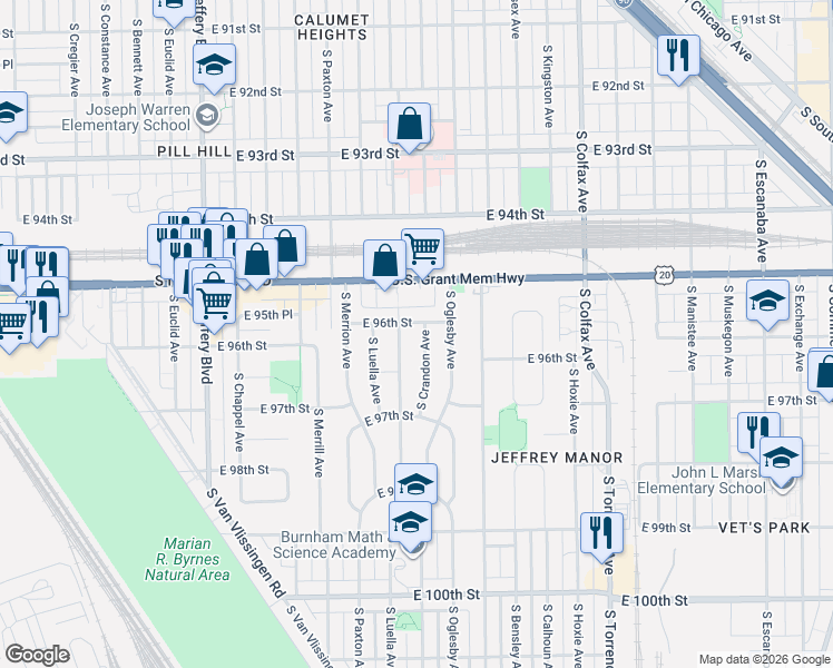 map of restaurants, bars, coffee shops, grocery stores, and more near 9610 South Crandon Avenue in Chicago