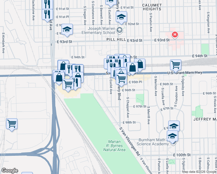map of restaurants, bars, coffee shops, grocery stores, and more near 9549 South Bennett Avenue in Chicago