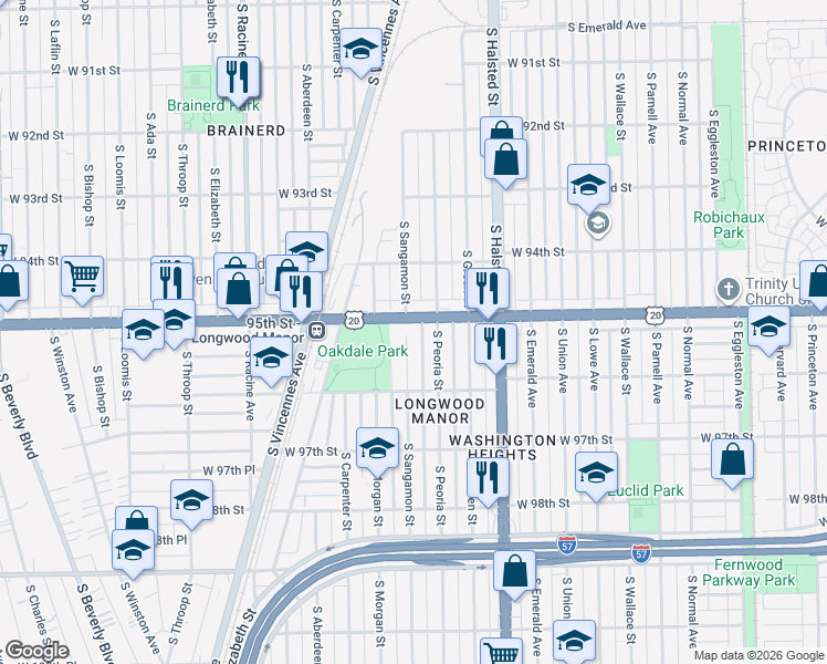 map of restaurants, bars, coffee shops, grocery stores, and more near 9511 South Sangamon Street in Chicago