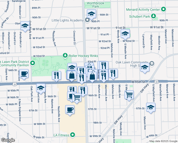 map of restaurants, bars, coffee shops, grocery stores, and more near 9406 Ridgeland Avenue in Oak Lawn