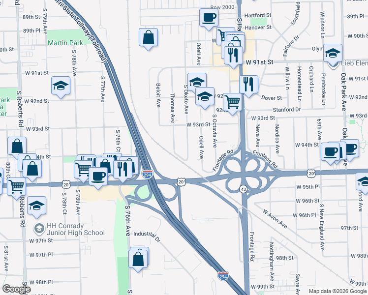 map of restaurants, bars, coffee shops, grocery stores, and more near 9348 South Oketo Avenue in Bridgeview