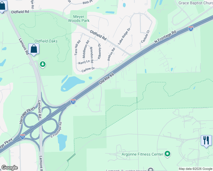 map of restaurants, bars, coffee shops, grocery stores, and more near 9201 Waterfall Glen Boulevard in Darien
