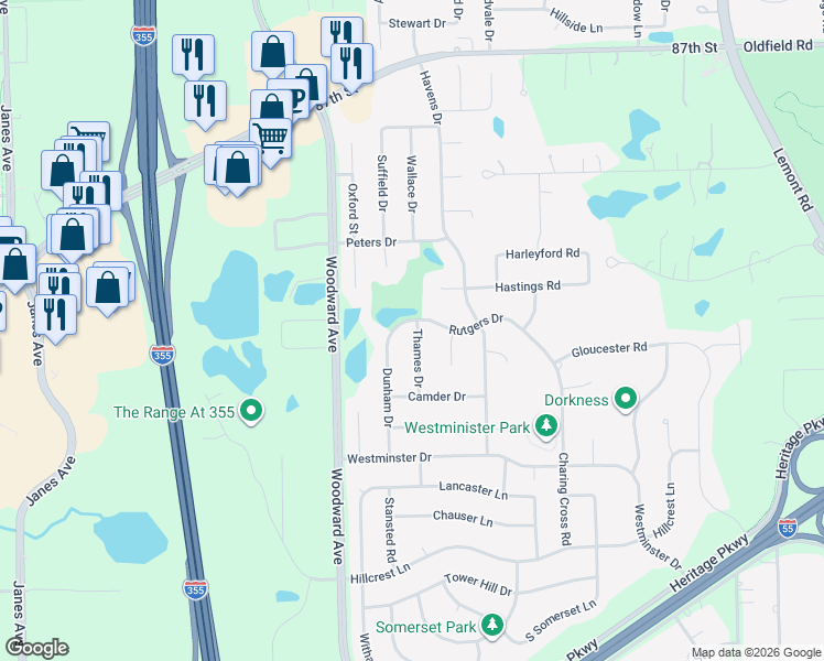 map of restaurants, bars, coffee shops, grocery stores, and more near 20W531 Rutgers Drive in Downers Grove