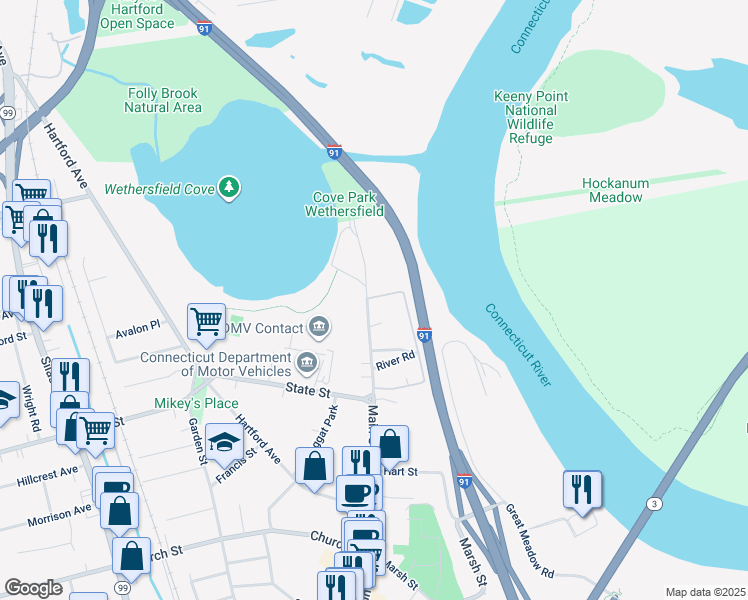map of restaurants, bars, coffee shops, grocery stores, and more near 476 Main Street in Wethersfield