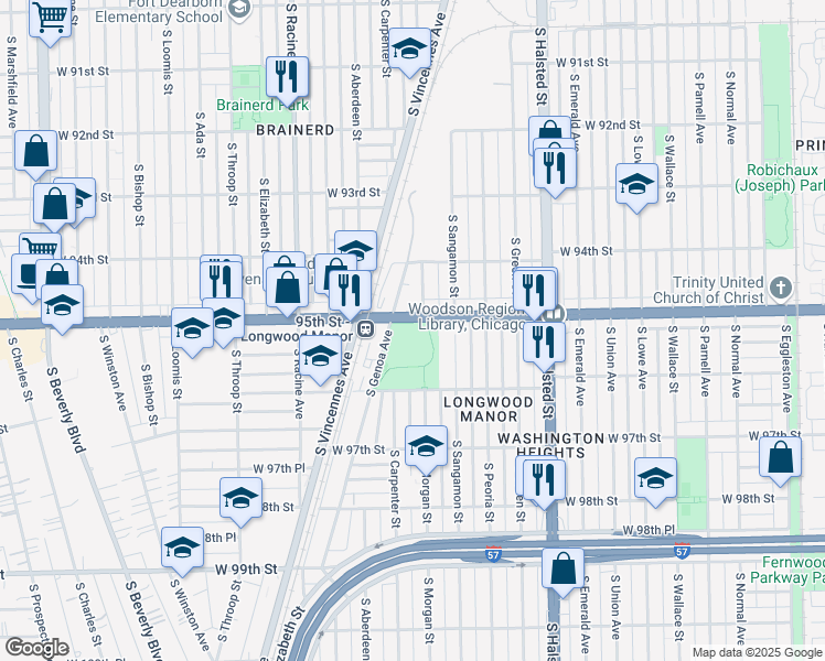 map of restaurants, bars, coffee shops, grocery stores, and more near 965 West 95th Street in Chicago