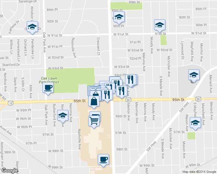 map of restaurants, bars, coffee shops, grocery stores, and more near 9406 Ridgeland Avenue in Oak Lawn