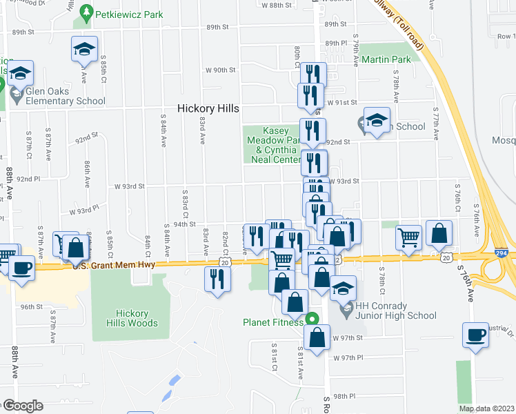 map of restaurants, bars, coffee shops, grocery stores, and more near 9336 South 81st Court in Hickory Hills