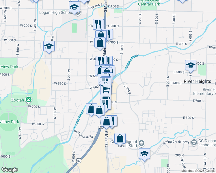 map of restaurants, bars, coffee shops, grocery stores, and more near 35 East 640 South in Logan
