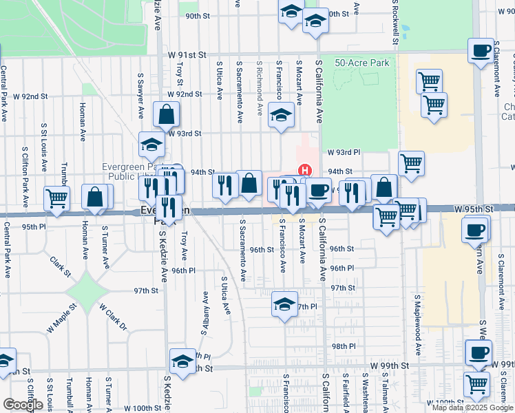 map of restaurants, bars, coffee shops, grocery stores, and more near 2942 95th Street in Evergreen Park