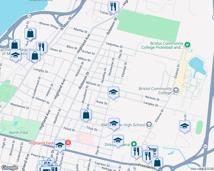map of restaurants, bars, coffee shops, grocery stores, and more near 182 Nichols Street in Fall River