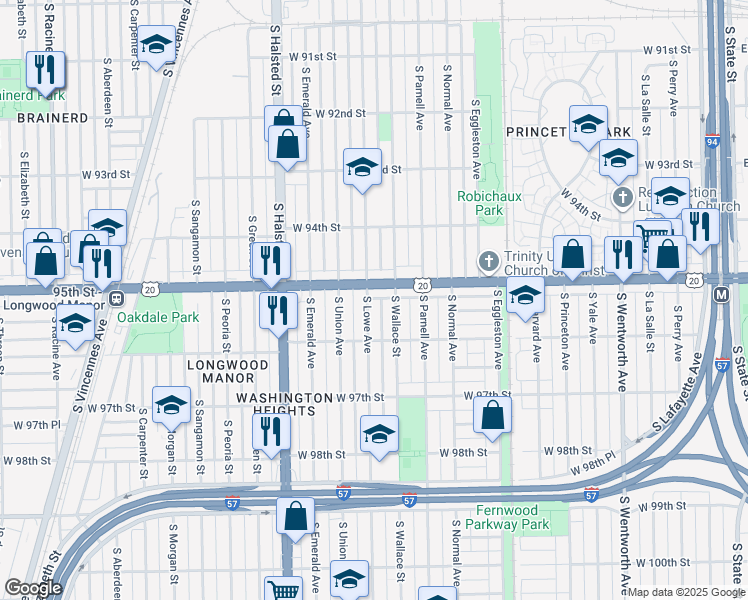 map of restaurants, bars, coffee shops, grocery stores, and more near 9515 South Lowe Avenue in Chicago