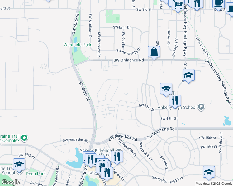 map of restaurants, bars, coffee shops, grocery stores, and more near 1357 Southwest Radcliffe Lane in Ankeny