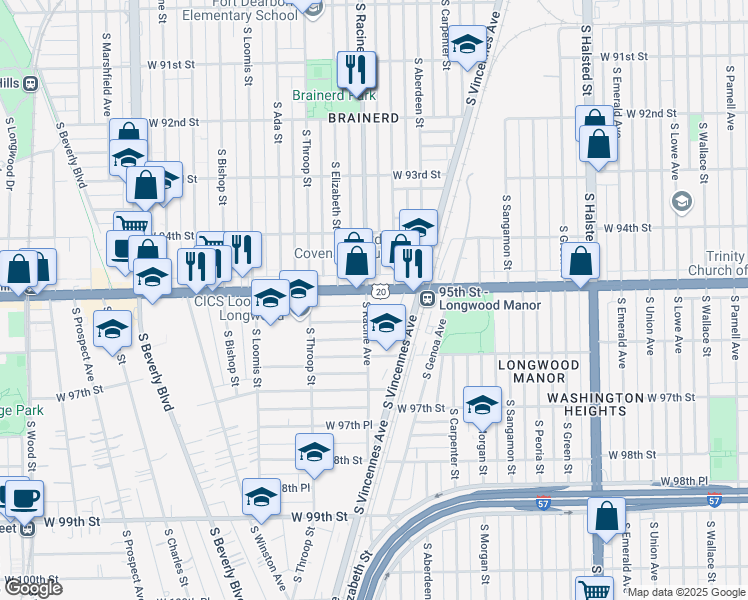 map of restaurants, bars, coffee shops, grocery stores, and more near 9507 South Racine Avenue in Chicago