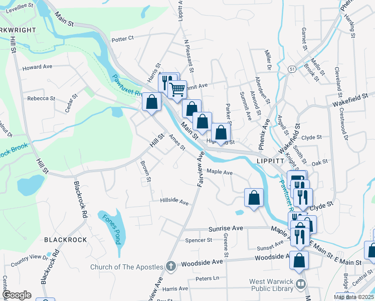 map of restaurants, bars, coffee shops, grocery stores, and more near 15 Ames Street in West Warwick