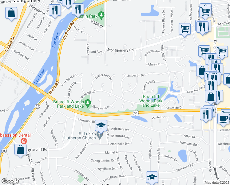 map of restaurants, bars, coffee shops, grocery stores, and more near 110 Briarcliff Road in Montgomery
