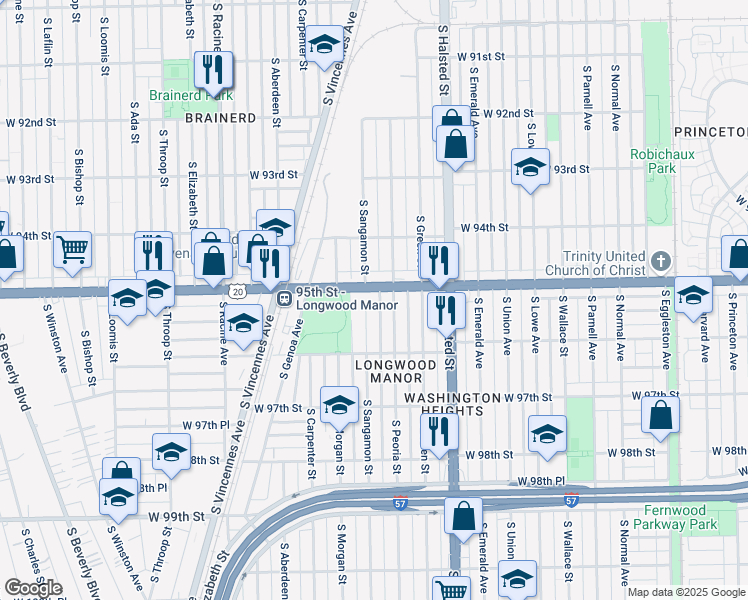 map of restaurants, bars, coffee shops, grocery stores, and more near 9511 South Sangamon Street in Chicago