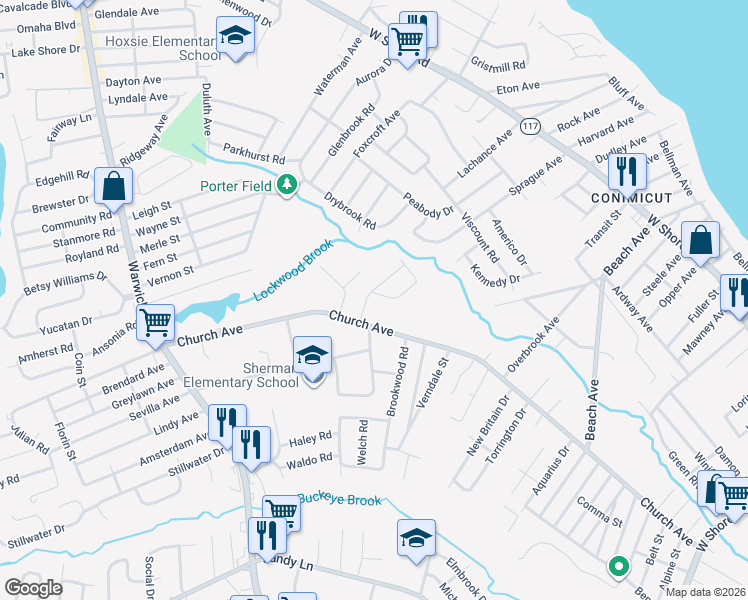 map of restaurants, bars, coffee shops, grocery stores, and more near 80 Farmland Rd in Warwick