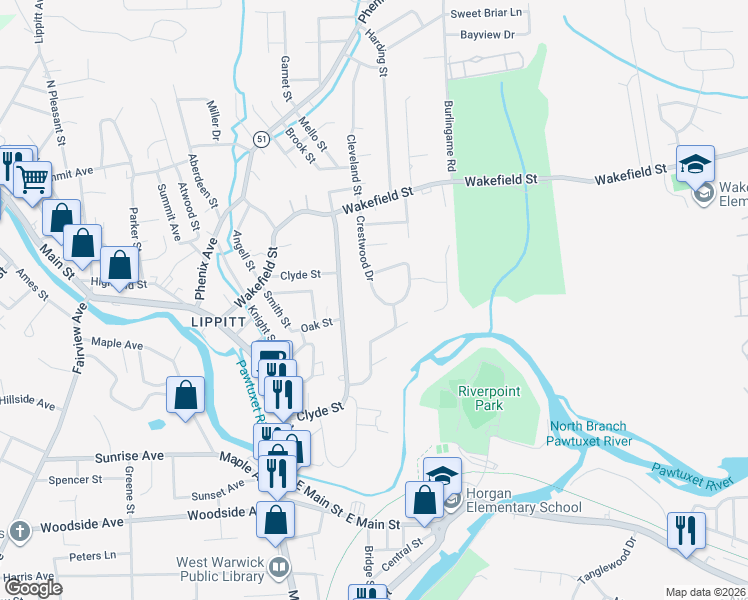 map of restaurants, bars, coffee shops, grocery stores, and more near 73 Crestwood Dr in West Warwick
