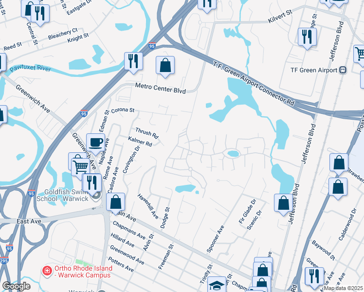 map of restaurants, bars, coffee shops, grocery stores, and more near 988 Great Hill Drive in Warwick