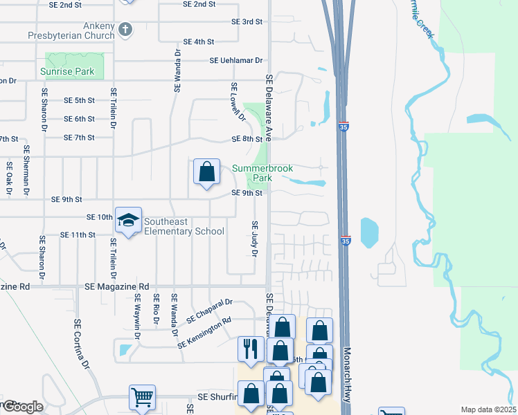 map of restaurants, bars, coffee shops, grocery stores, and more near 909 Southeast Judy Drive in Ankeny