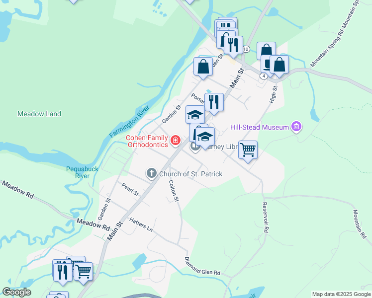 map of restaurants, bars, coffee shops, grocery stores, and more near 75 Main Street in Farmington
