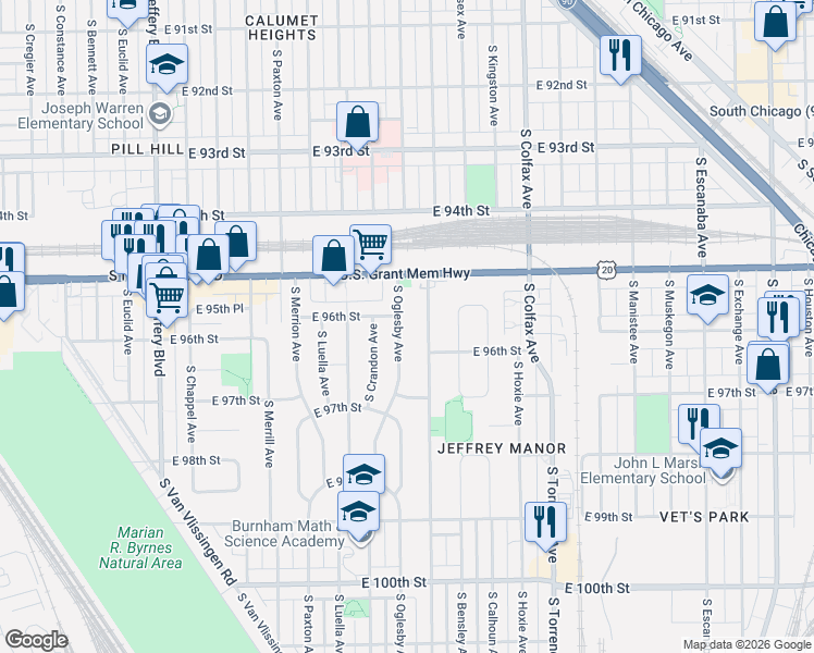 map of restaurants, bars, coffee shops, grocery stores, and more near 9609 South Oglesby Avenue in Chicago