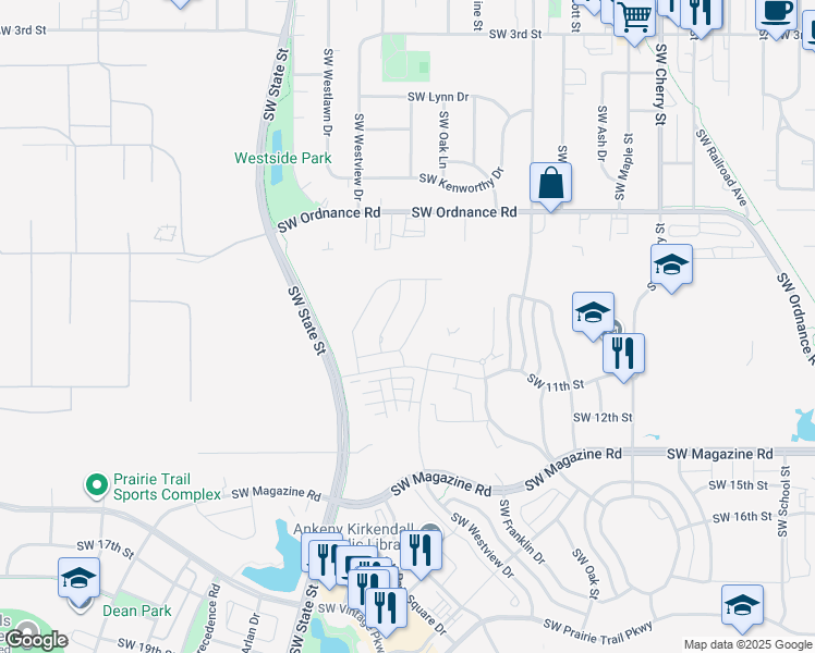 map of restaurants, bars, coffee shops, grocery stores, and more near 1357 Southwest Radcliffe Lane in Ankeny