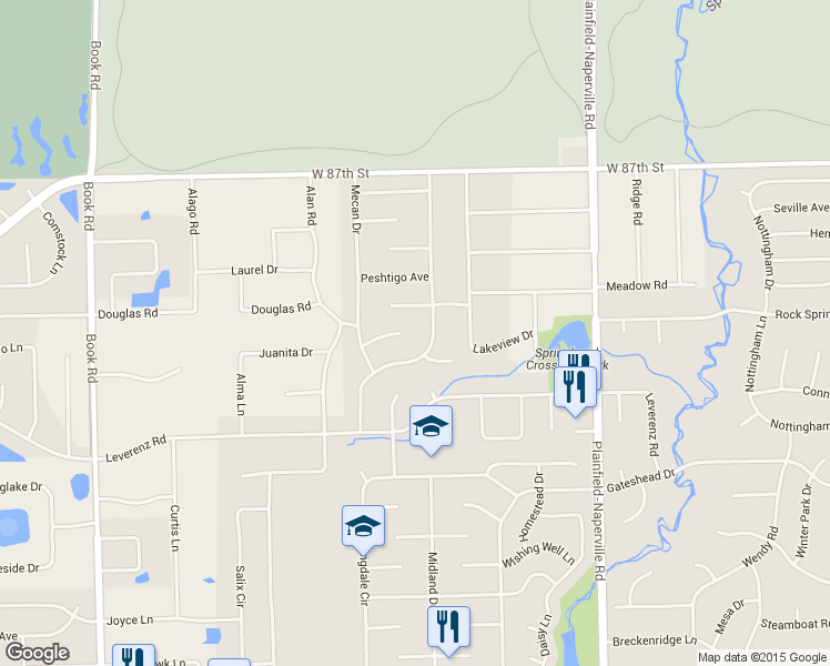 map of restaurants, bars, coffee shops, grocery stores, and more near 1305 Neskola Court in Naperville