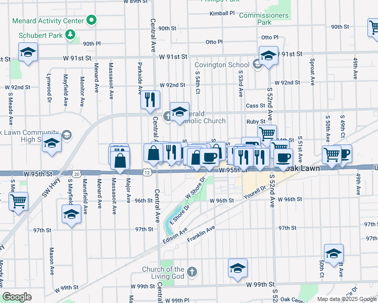 map of restaurants, bars, coffee shops, grocery stores, and more near 9415 South 55th Avenue in Oak Lawn