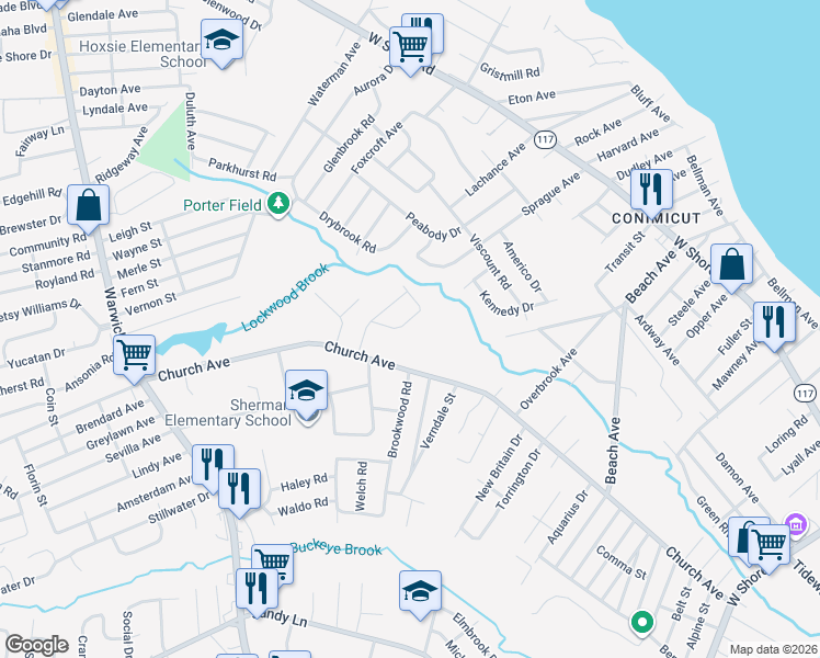 map of restaurants, bars, coffee shops, grocery stores, and more near 108 Jennie Ln in Warwick