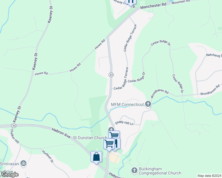 map of restaurants, bars, coffee shops, grocery stores, and more near 2 Cedar Ridge Terrace in Glastonbury