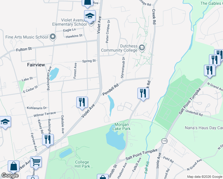 map of restaurants, bars, coffee shops, grocery stores, and more near 1 Pendell Road in Poughkeepsie