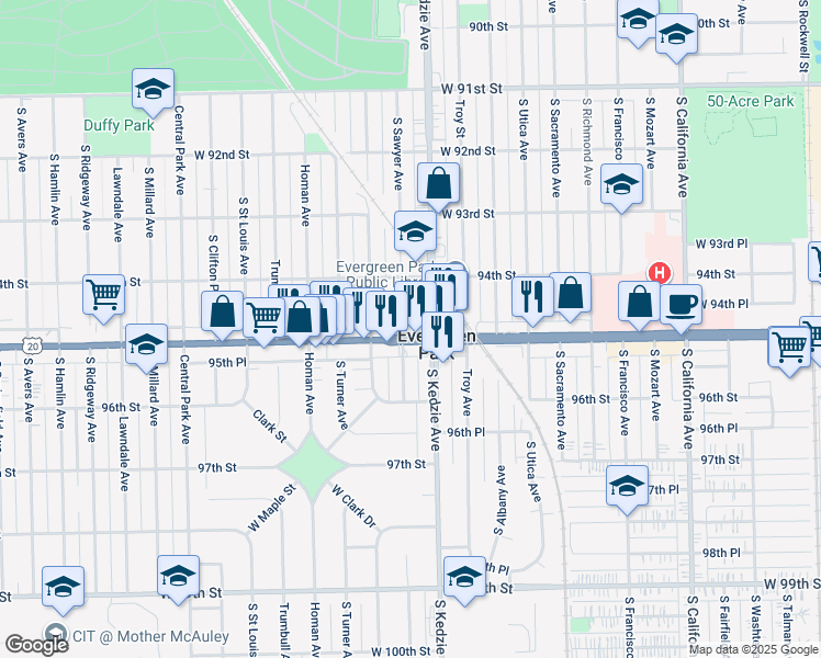map of restaurants, bars, coffee shops, grocery stores, and more near in Evergreen Park