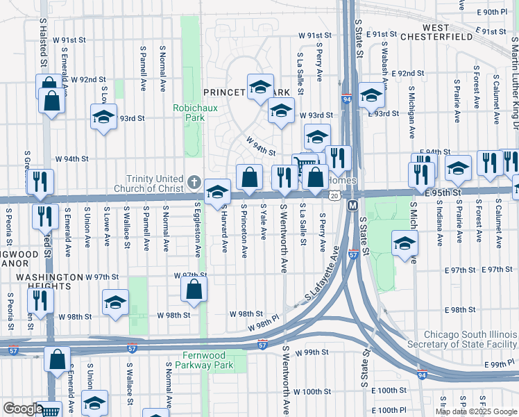map of restaurants, bars, coffee shops, grocery stores, and more near 9518 South Yale Avenue in Chicago