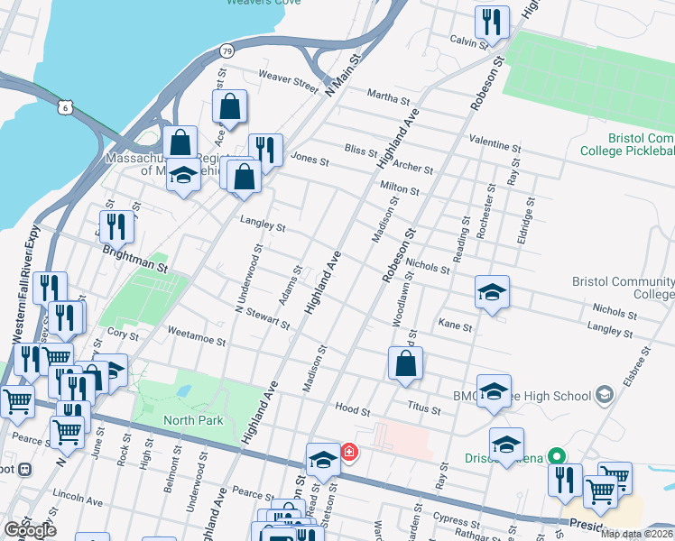 map of restaurants, bars, coffee shops, grocery stores, and more near 1219 Highland Avenue in Fall River