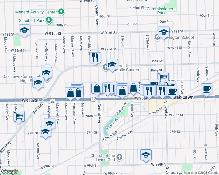 map of restaurants, bars, coffee shops, grocery stores, and more near 9411 South 55th Court in Oak Lawn