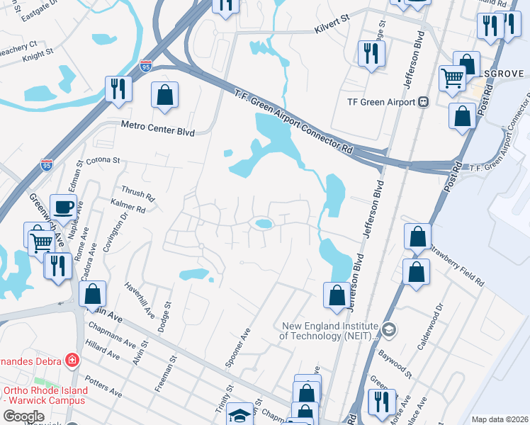 map of restaurants, bars, coffee shops, grocery stores, and more near 244 Chatham Circle in Warwick