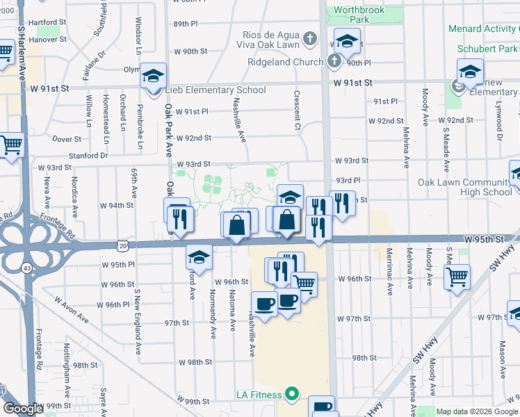 map of restaurants, bars, coffee shops, grocery stores, and more near 6530 West 94th Place in Oak Lawn