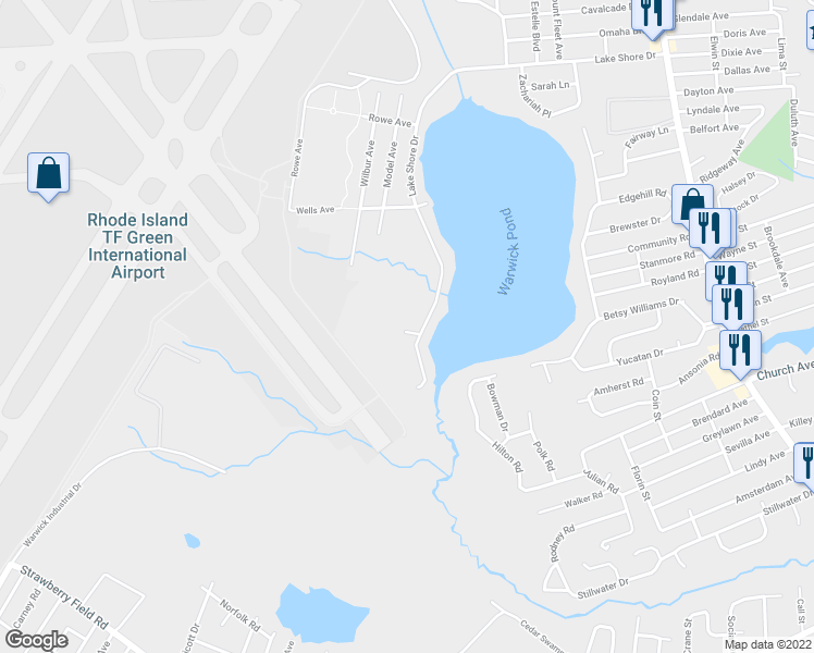 map of restaurants, bars, coffee shops, grocery stores, and more near 106 Early Avenue in Warwick